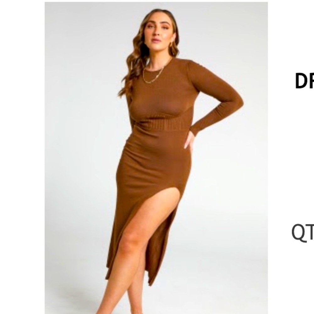 High slit brown sweater dress with slit